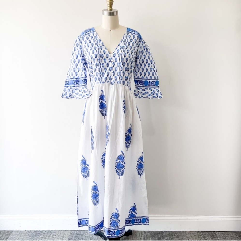 Blue & White Floral Block Print Cotton Dress by Pink City Prints